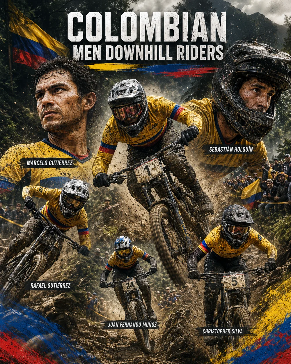 AI-generated montage of Colombian male downhill mountain bikers on steep technical terrain