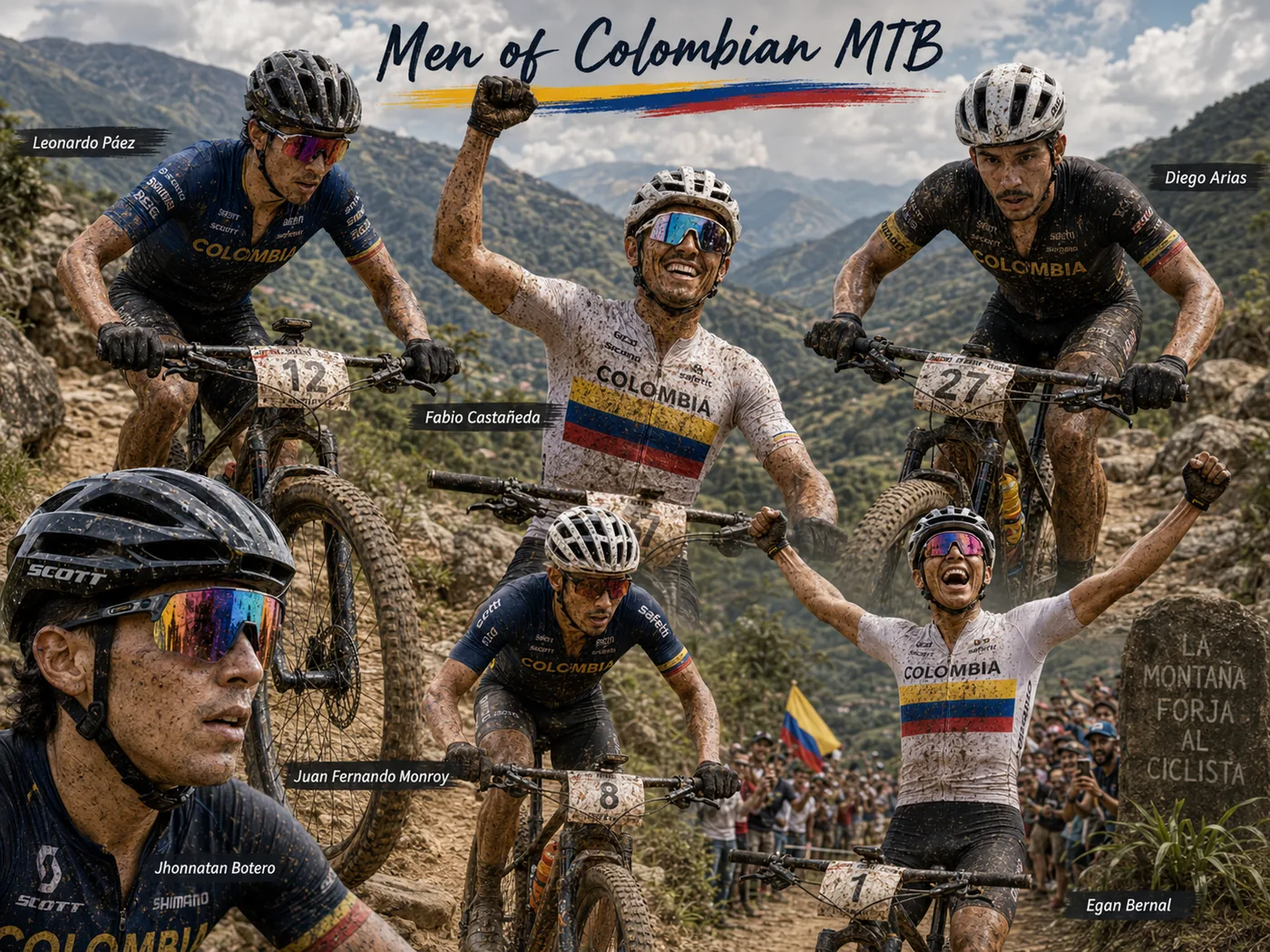 AI-generated montage of Colombian male mountain bikers climbing and racing in mountain terrain