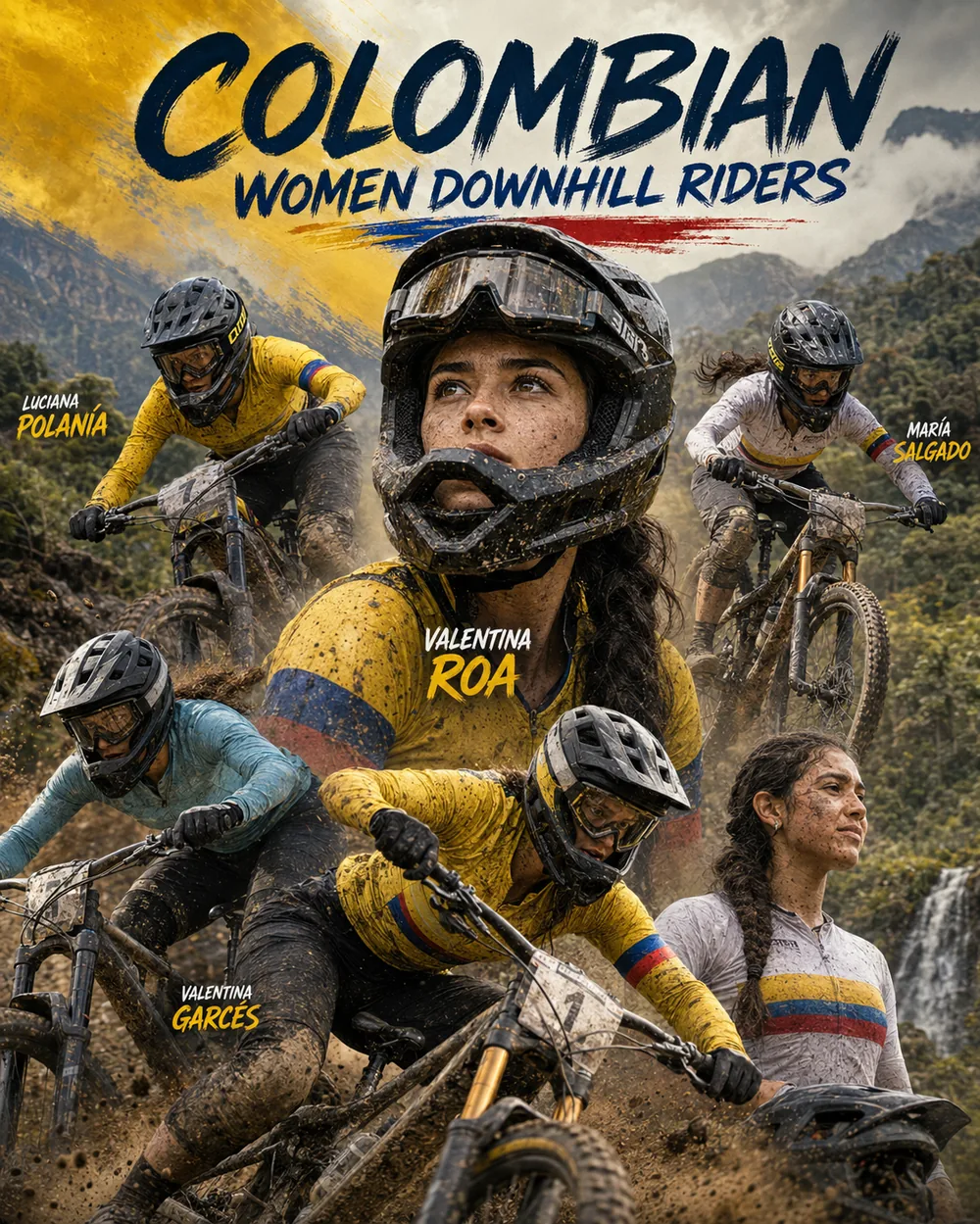 AI-generated montage celebrating Colombian women in downhill mountain biking