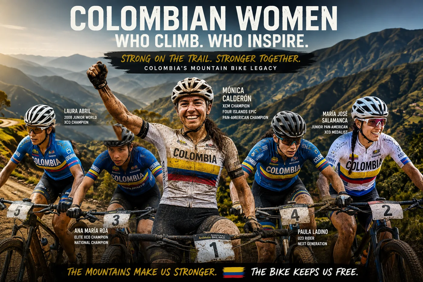 AI-generated montage celebrating Colombian women in cross-country mountain biking in mountain terrain