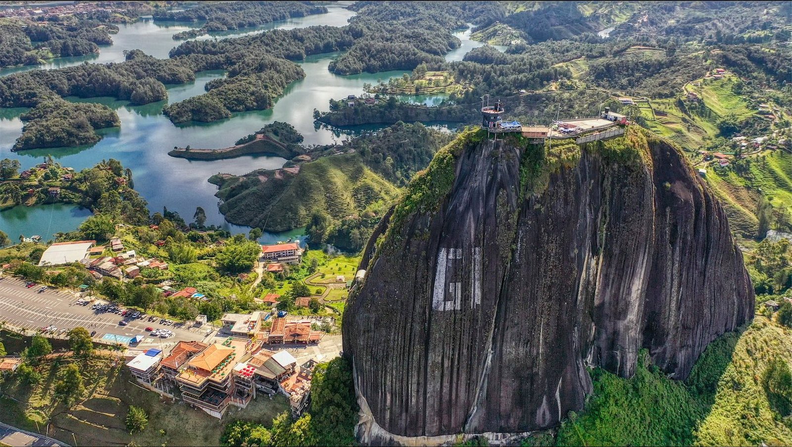 Aerial view of Piedra del Peñol and the Guatapé reservoir in Antioquia, Colombia